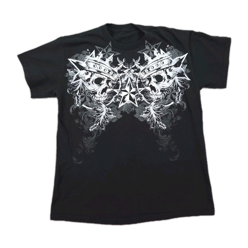 Vintage Skull T Shirt Mens Medium Goth Black Biker Crown Stars Grunge Rock Y2K